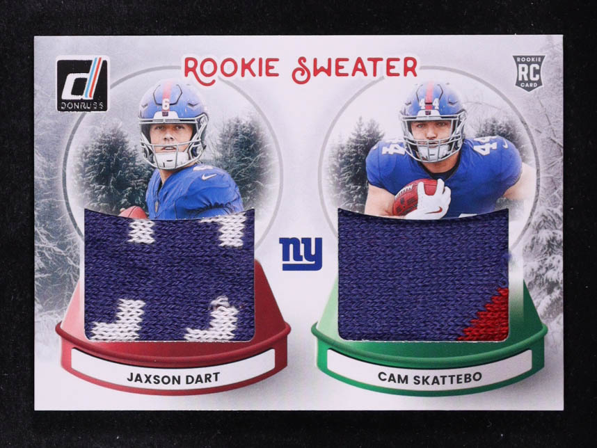 Cam Skattebo / Jaxson Dart 2025 Donruss Rookie Holiday Sweater Dual #3 RC at PristineAuction.com Cam Skattebo / Jaxson Dart 2025 Donruss Rookie Holiday Sweater Dual #3 RC at PristineAuction.com