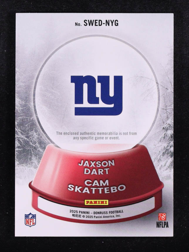 Cam Skattebo / Jaxson Dart 2025 Donruss Rookie Holiday Sweater Dual #3 RC at PristineAuction.com Cam Skattebo / Jaxson Dart 2025 Donruss Rookie Holiday Sweater Dual #3 RC at PristineAuction.com