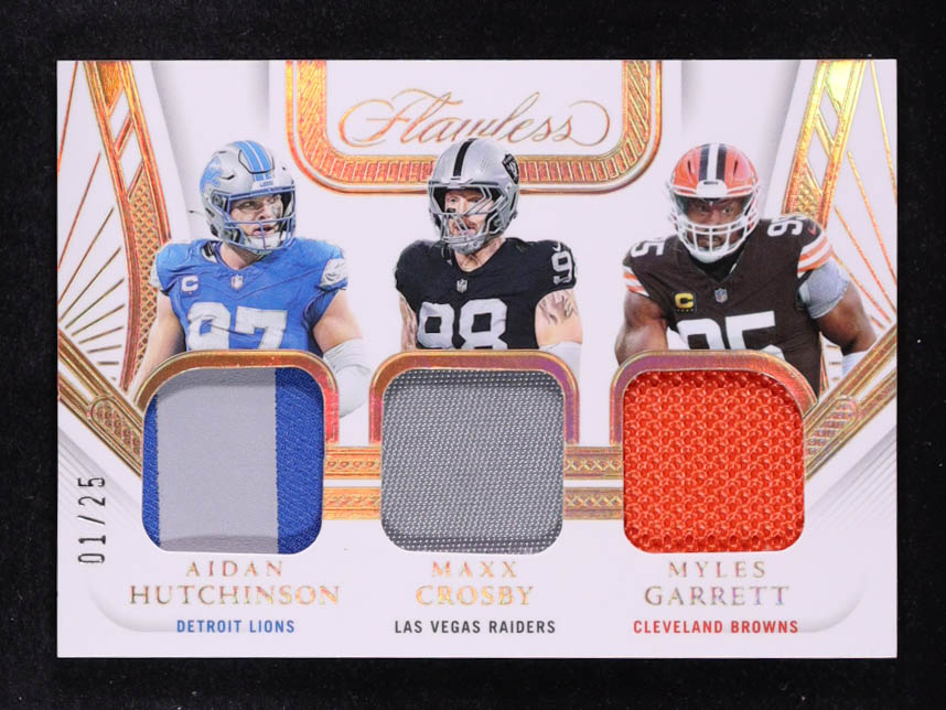 Aidan Hutchinson / Maxx Crosby / Myles Garrett 2024 Panini Flawless Triple Patches #19 #1/25 at PristineAuction.com Aidan Hutchinson / Maxx Crosby / Myles Garrett 2024 Panini Flawless Triple Patches #19 #1/25 at PristineAuction.com