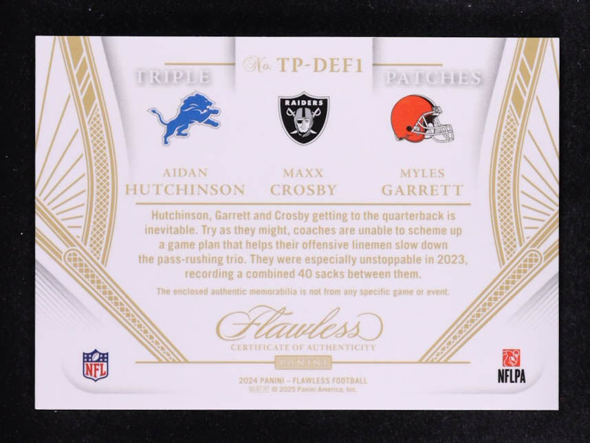 Aidan Hutchinson / Maxx Crosby / Myles Garrett 2024 Panini Flawless Triple Patches #19 #1/25 at PristineAuction.com Aidan Hutchinson / Maxx Crosby / Myles Garrett 2024 Panini Flawless Triple Patches #19 #1/25 at PristineAuction.com