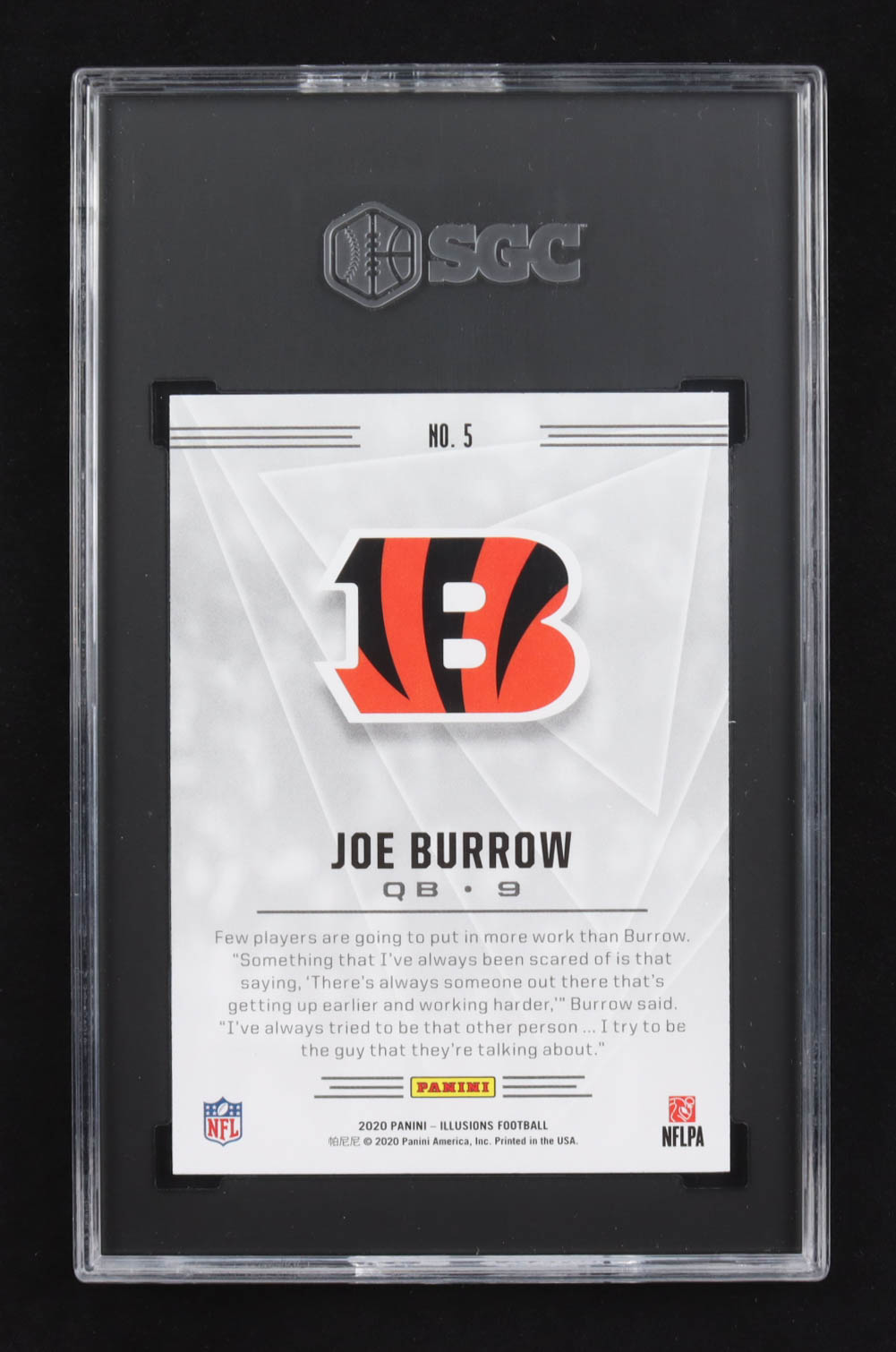 Joe Burrow 2020 Panini Illusions Trophy Collection Sapphire #5 RC (SGC 10) at PristineAuction.com Joe Burrow 2020 Panini Illusions Trophy Collection Sapphire #5 RC (SGC 10) at PristineAuction.com