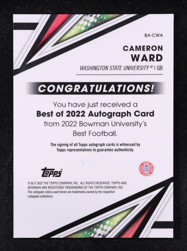 Cameron Ward 2022 Bowman's Best University Best of '22 Autographs #BACWA RC at PristineAuction.com Cameron Ward 2022 Bowman's Best University Best of '22 Autographs #BACWA RC at PristineAuction.com