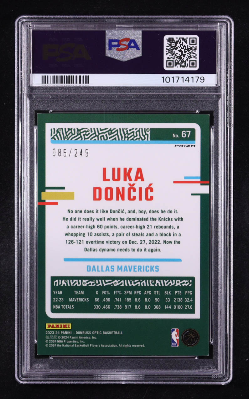 Luka Doncic 2023-24 Donruss Optic Premium Box Set #67 #085/249 (PSA 8) at PristineAuction.com Luka Doncic 2023-24 Donruss Optic Premium Box Set #67 #085/249 (PSA 8) at PristineAuction.com