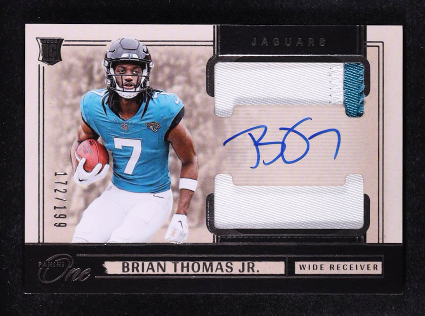 Brian Thomas Jr. 2024 Panini One Jersey Autographs #33 RC #172/199 at PristineAuction.com Brian Thomas Jr. 2024 Panini One Jersey Autographs #33 RC #172/199 at PristineAuction.com
