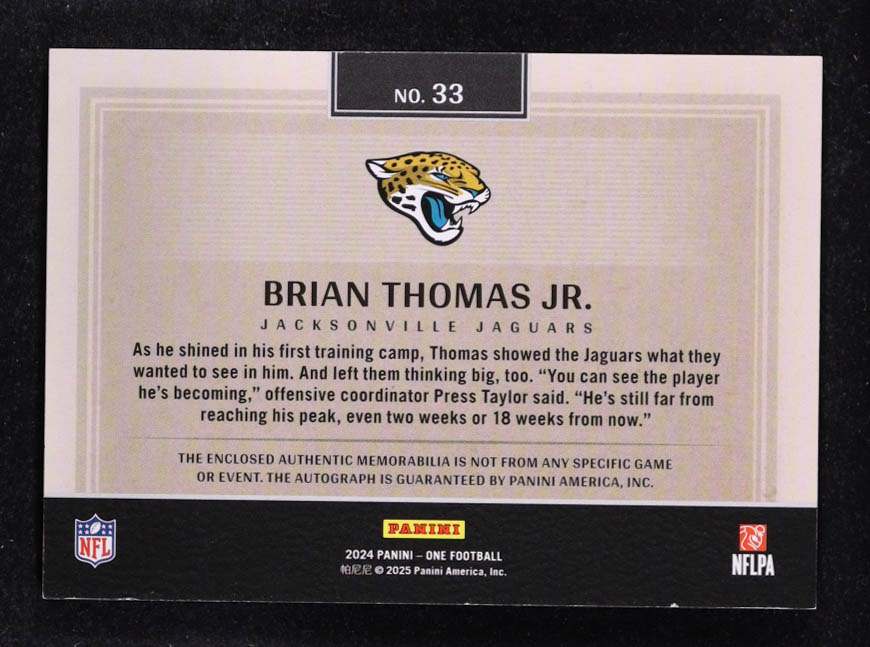 Brian Thomas Jr. 2024 Panini One Jersey Autographs #33 RC #172/199 at PristineAuction.com Brian Thomas Jr. 2024 Panini One Jersey Autographs #33 RC #172/199 at PristineAuction.com