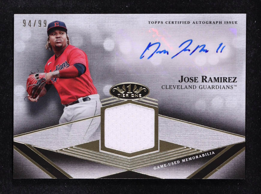 Jose Ramirez 2022 Topps Tier One Autograph Relics #T1ARJR #94/99 at PristineAuction.com Jose Ramirez 2022 Topps Tier One Autograph Relics #T1ARJR #94/99 at PristineAuction.com