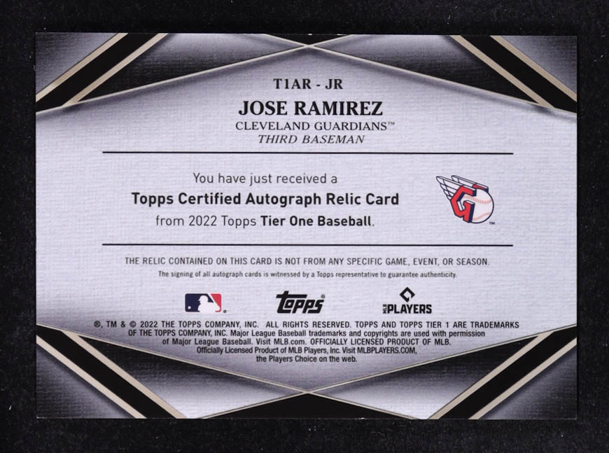 Jose Ramirez 2022 Topps Tier One Autograph Relics #T1ARJR #94/99 at PristineAuction.com Jose Ramirez 2022 Topps Tier One Autograph Relics #T1ARJR #94/99 at PristineAuction.com