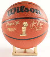 Magic Johnson & Larry Bird Signed NBA Finals Trophy Special Edition Basketball with Stand (PSA & Beckett) at PristineAuction.com