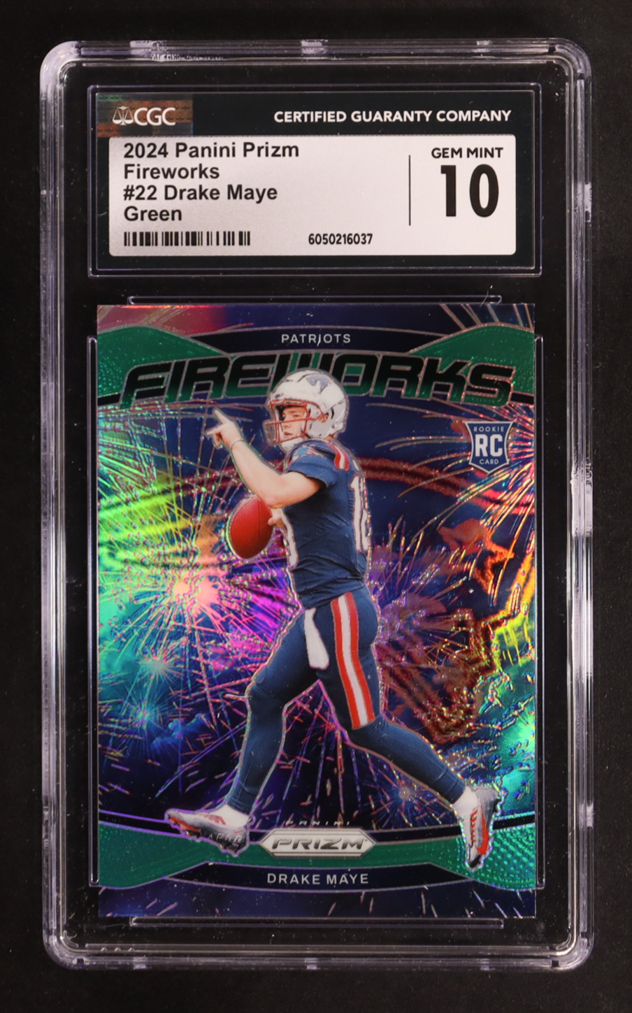 Drake Maye 2024 Panini Prizm Fireworks Prizms Green #22 RC (CGC 10) at PristineAuction.com Drake Maye 2024 Panini Prizm Fireworks Prizms Green #22 RC (CGC 10) at PristineAuction.com