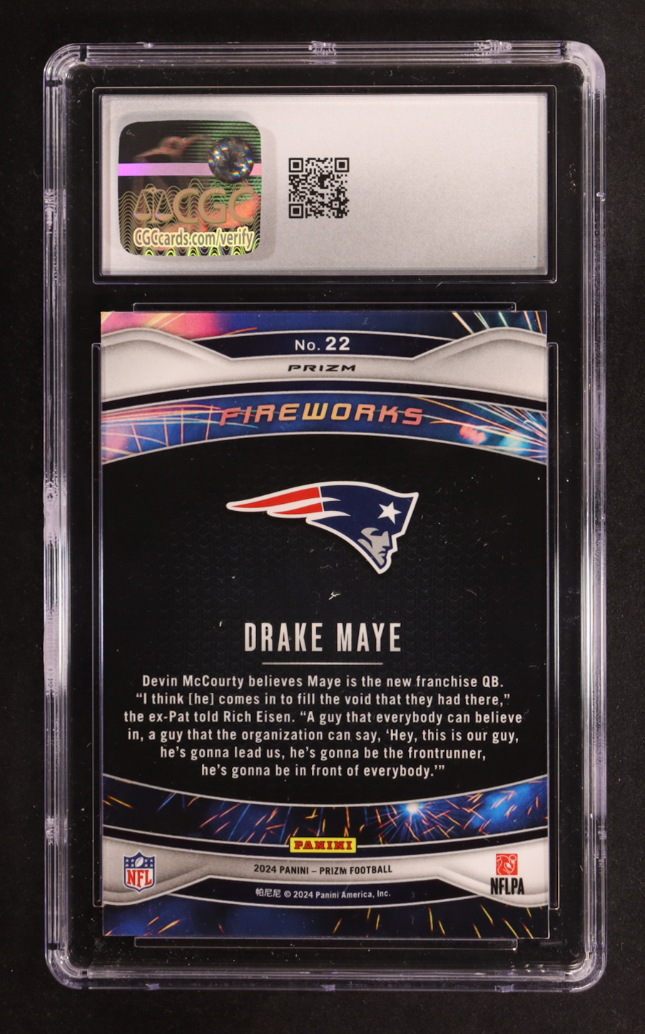 Drake Maye 2024 Panini Prizm Fireworks Prizms Green #22 RC (CGC 10) at PristineAuction.com Drake Maye 2024 Panini Prizm Fireworks Prizms Green #22 RC (CGC 10) at PristineAuction.com