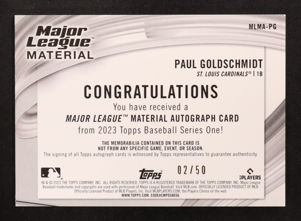 Paul Goldschmidt 2023 Topps Major League Materials Autographs #MLMAPG #02/50 at PristineAuction.com Paul Goldschmidt 2023 Topps Major League Materials Autographs #MLMAPG #02/50 at PristineAuction.com