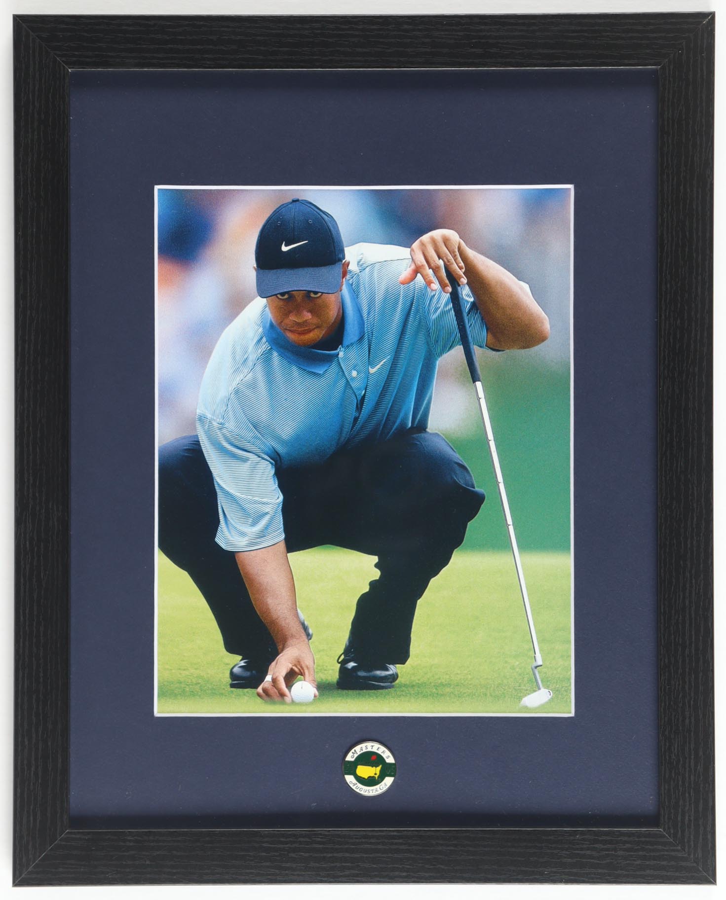 "Tiger Woods Lining Up Putt" Custom Framed Photo Display with Masters Pin at PristineAuction.com "Tiger Woods Lining Up Putt" Custom Framed Photo Display with Masters Pin at PristineAuction.com