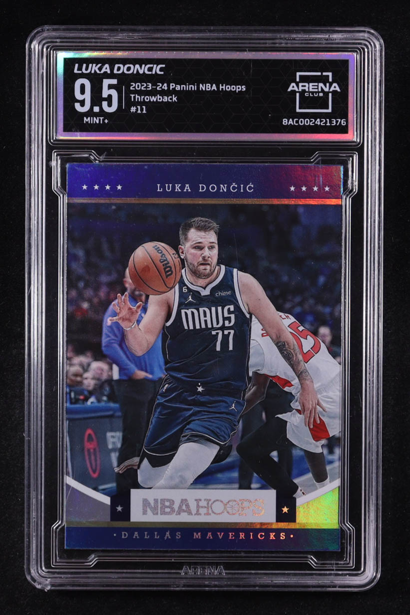 Luka Doncic 2023-24 Hoops Hoops Throwback #11 (Arena 9.5) at PristineAuction.com Luka Doncic 2023-24 Hoops Hoops Throwback #11 (Arena 9.5) at PristineAuction.com