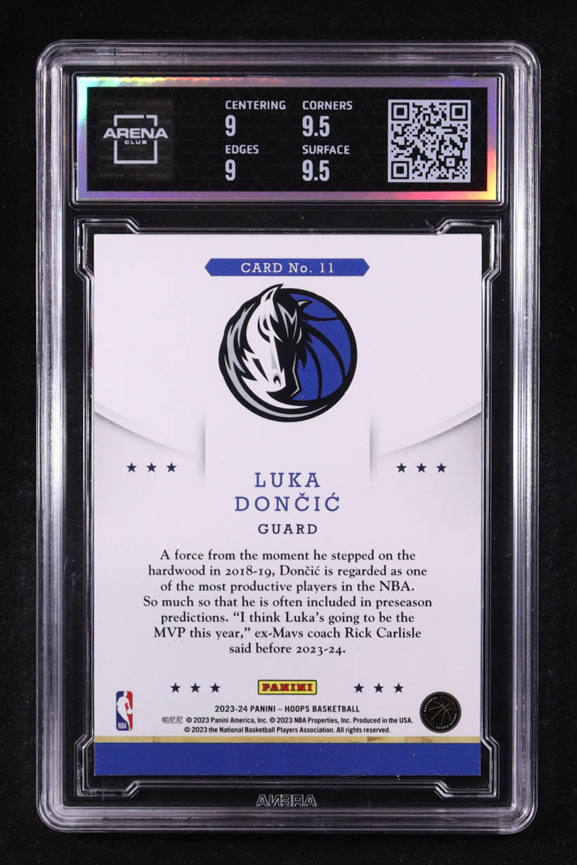 Luka Doncic 2023-24 Hoops Hoops Throwback #11 (Arena 9.5) at PristineAuction.com Luka Doncic 2023-24 Hoops Hoops Throwback #11 (Arena 9.5) at PristineAuction.com