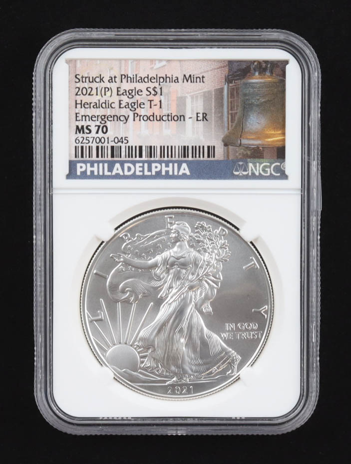 2021-(P) American Silver Eagle, Heraldic Eagle T-1, Emergency Production (NGC MS70) at PristineAuction.com 2021-(P) American Silver Eagle, Heraldic Eagle T-1, Emergency Production (NGC MS70) at PristineAuction.com