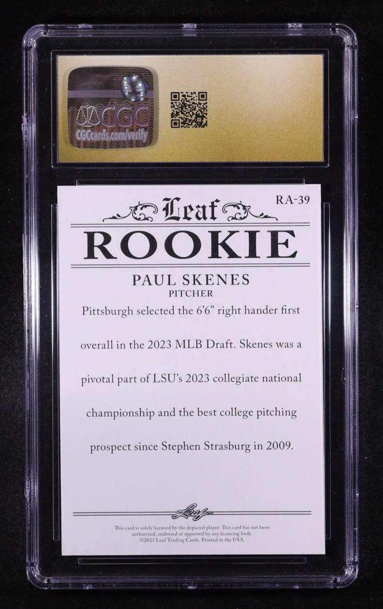 Paul Skenes 2023 Leaf Special Release Rookie Achievement #RA39 RC (CGC 10 | Pristine Black Label) at PristineAuction.com Paul Skenes 2023 Leaf Special Release Rookie Achievement #RA39 RC (CGC 10 | Pristine Black Label) at PristineAuction.com