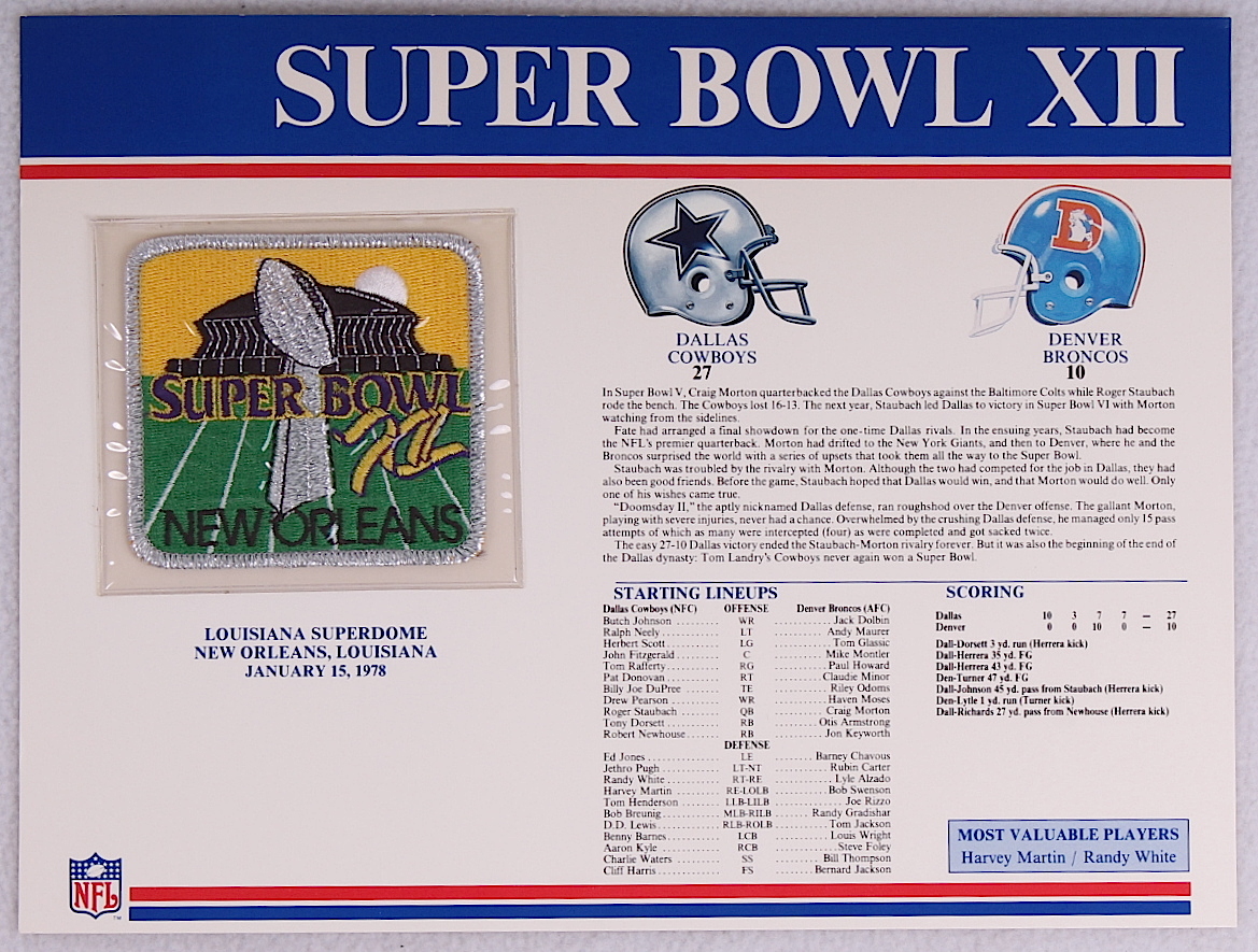 Willabee & Ward Official Super Bowl XII Patch Card With 9x12 Scorecard: Cowboys vs. Broncos at PristineAuction.com Willabee & Ward Official Super Bowl XII Patch Card With 9x12 Scorecard: Cowboys vs. Broncos at PristineAuction.com