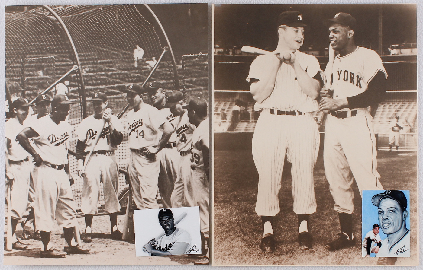 Lot of (2) Jackie Robinson & Willie Mays 11x14 Sepia Photos with 2x3 Art Cards by Anthony Douglas at PristineAuction.com Lot of (2) Jackie Robinson & Willie Mays 11x14 Sepia Photos with 2x3 Art Cards by Anthony Douglas at PristineAuction.com