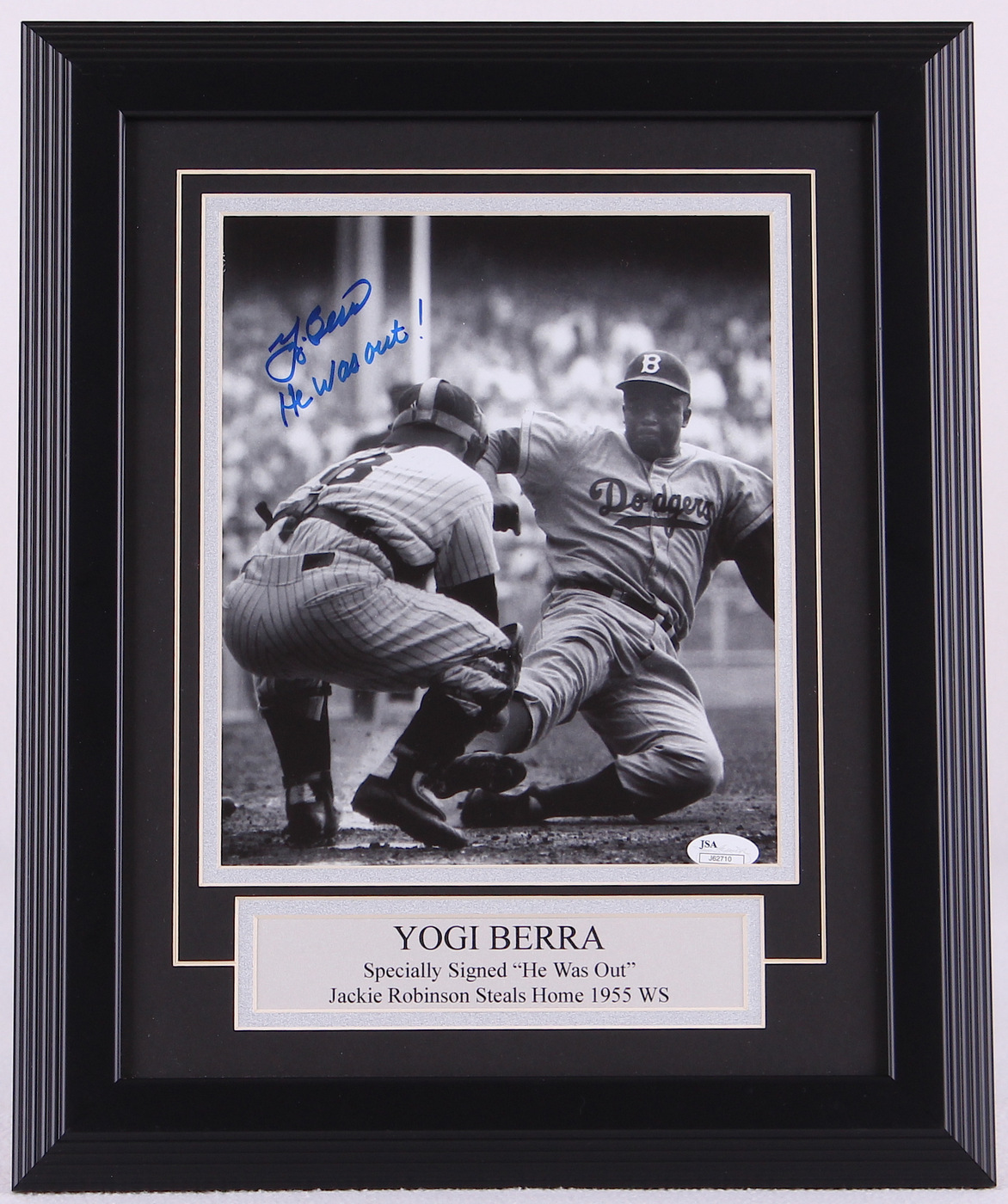 Yogi Berra Signed "He Was Out" Yankees 11x14 Custom Framed Photo Display with Jackie Robinson Inscribed "He was out!" (JSA COA) at PristineAuction.com Yogi Berra Signed "He Was Out" Yankees 11x14 Custom Framed Photo Display with Jackie Robinson Inscribed "He was out!" (JSA COA) at PristineAuction.com