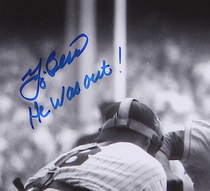 Yogi Berra Signed "He Was Out" Yankees 11x14 Custom Framed Photo Display with Jackie Robinson Inscribed "He was out!" (JSA COA) at PristineAuction.com Yogi Berra Signed "He Was Out" Yankees 11x14 Custom Framed Photo Display with Jackie Robinson Inscribed "He was out!" (JSA COA) at PristineAuction.com