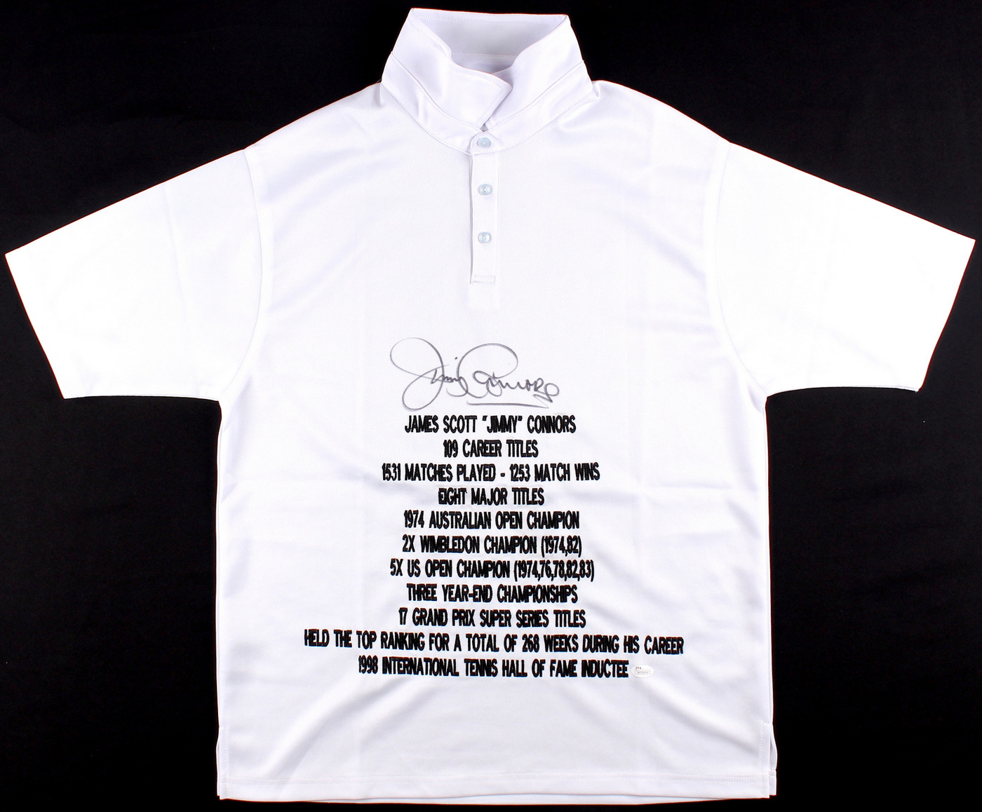 Jimmy Connors Signed Career Highlight Stat Tennis Shirt (JSA COA) at PristineAuction.com Jimmy Connors Signed Career Highlight Stat Tennis Shirt (JSA COA) at PristineAuction.com