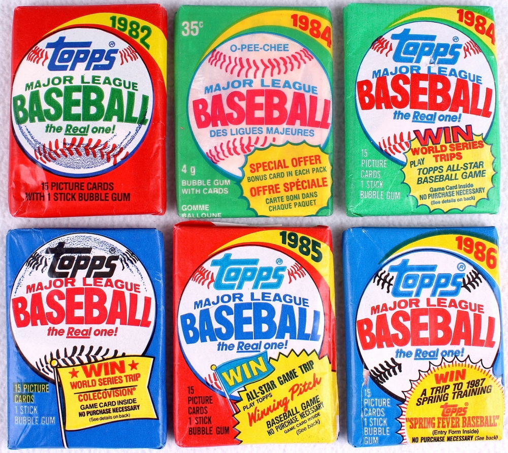 Lot of (6) Unopened Baseball Wax Packs with 1982 Topps, 1984 O-Pee-Chee,  1983 Topps, 1984 Topps, 1985 Topps & 1986 Topps | Pristine Auction