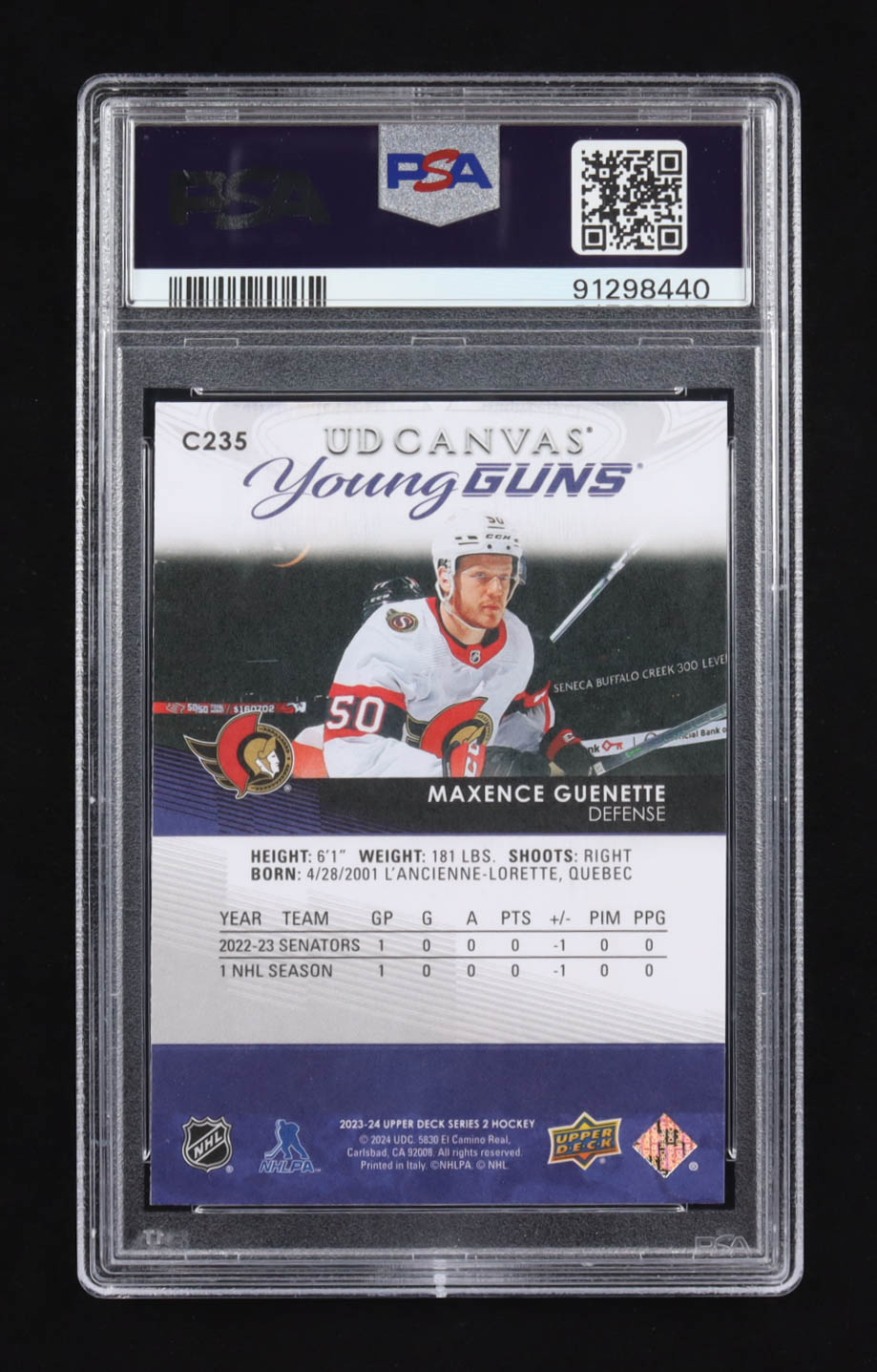 Maxence Guenette 2023-24 Upper Deck UD Canvas #C235 YG RC (PSA 10) at PristineAuction.com Maxence Guenette 2023-24 Upper Deck UD Canvas #C235 YG RC (PSA 10) at PristineAuction.com
