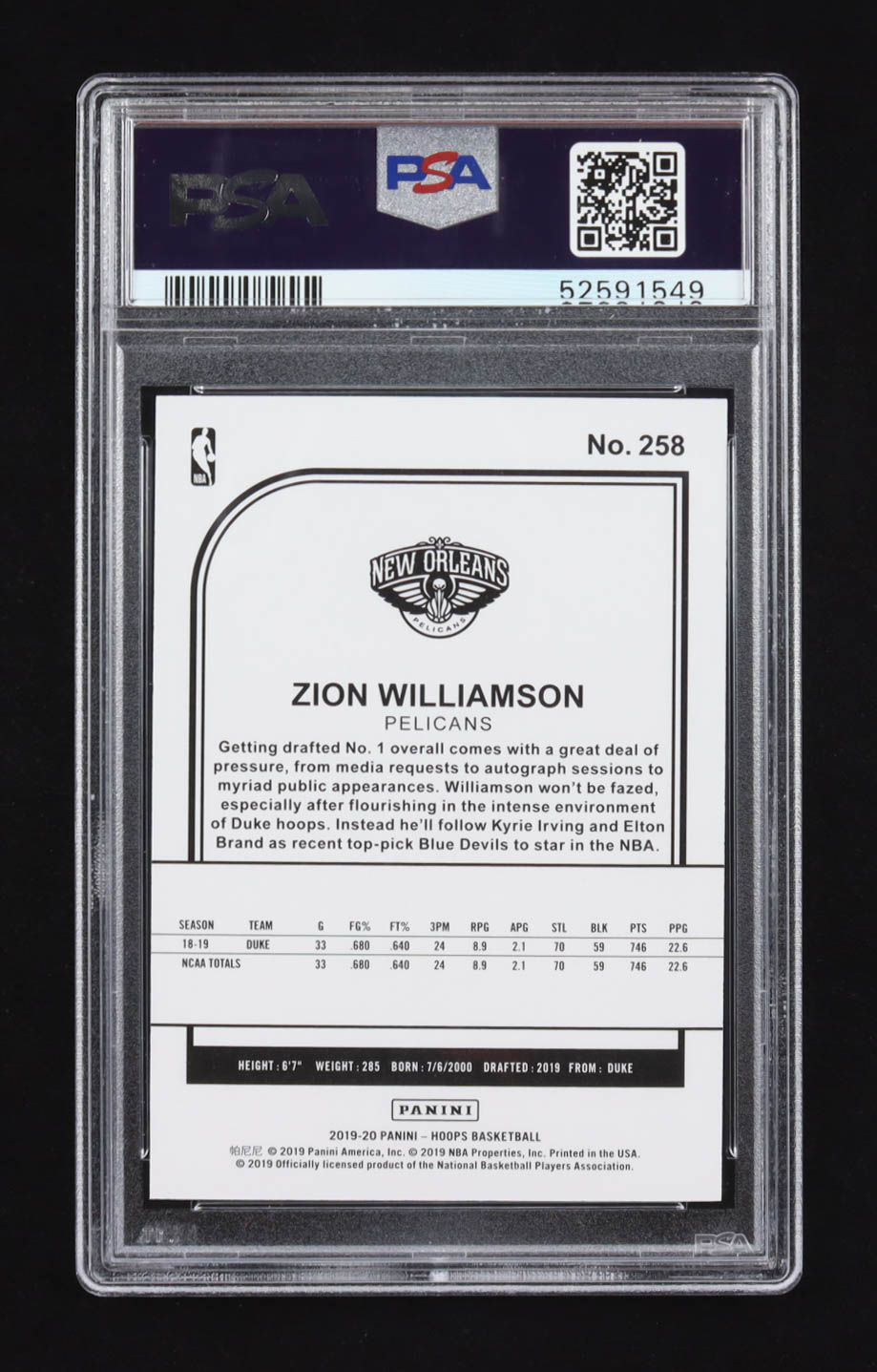 Zion Williamson 2019 Panini Hoops #258 RC (PSA 10) at PristineAuction.com Zion Williamson 2019 Panini Hoops #258 RC (PSA 10) at PristineAuction.com