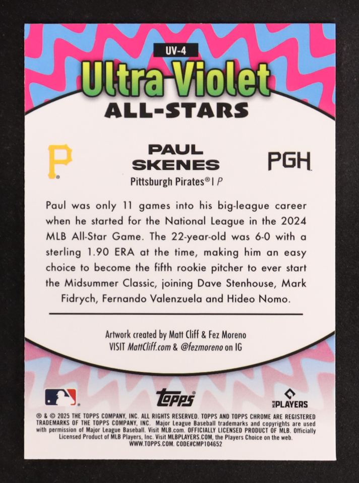 Paul Skenes 2025 Topps Chrome Ultra Violet All-Stars #UV4 at PristineAuction.com Paul Skenes 2025 Topps Chrome Ultra Violet All-Stars #UV4 at PristineAuction.com