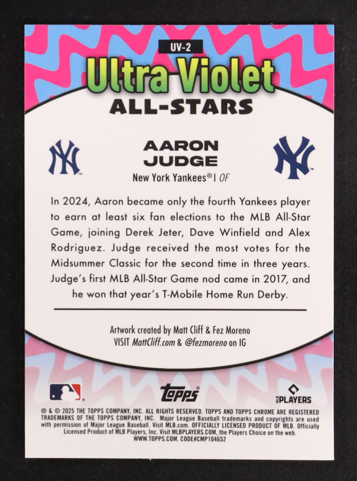 Aaron Judge 2025 Topps Chrome Ultra Violet All-Stars #UV2 at PristineAuction.com Aaron Judge 2025 Topps Chrome Ultra Violet All-Stars #UV2 at PristineAuction.com