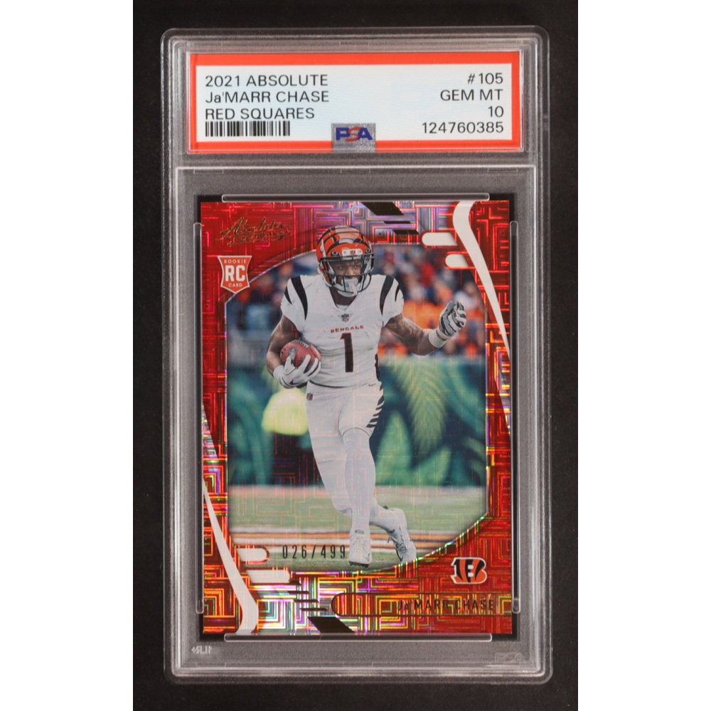 Ja'Marr Chase 2021 Absolute Red Squares #105 #26/499 RC (PSA 10) at PristineAuction.com