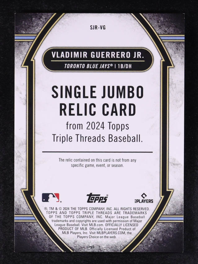 Vladimir Guerrero Jr. 2024 Topps Triple Threads Single Jumbo Relics #SJRVG #21/48 at PristineAuction.com Vladimir Guerrero Jr. 2024 Topps Triple Threads Single Jumbo Relics #SJRVG #21/48 at PristineAuction.com