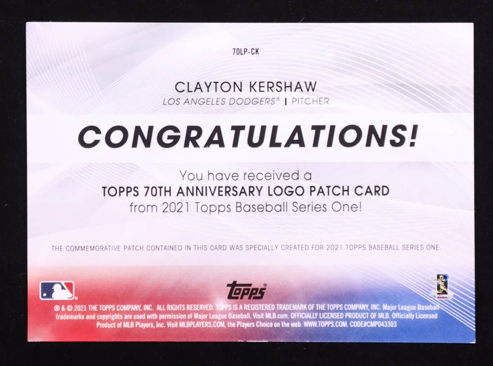 Clayton Kershaw 2021 Topps Series One 70th Anniversary Logo Patch #7OLP-CK at PristineAuction.com Clayton Kershaw 2021 Topps Series One 70th Anniversary Logo Patch #7OLP-CK at PristineAuction.com