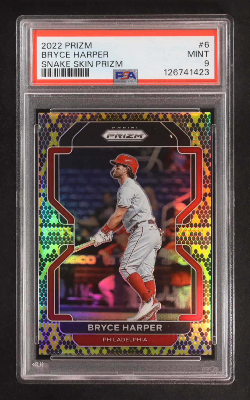 Bryce Harper 2022 Panini Prizm Prizms Snake Skin #6 #38/50 (PSA 9) at PristineAuction.com Bryce Harper 2022 Panini Prizm Prizms Snake Skin #6 #38/50 (PSA 9) at PristineAuction.com