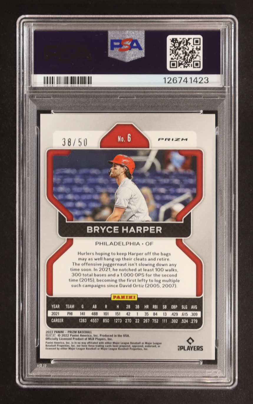 Bryce Harper 2022 Panini Prizm Prizms Snake Skin #6 #38/50 (PSA 9) at PristineAuction.com Bryce Harper 2022 Panini Prizm Prizms Snake Skin #6 #38/50 (PSA 9) at PristineAuction.com