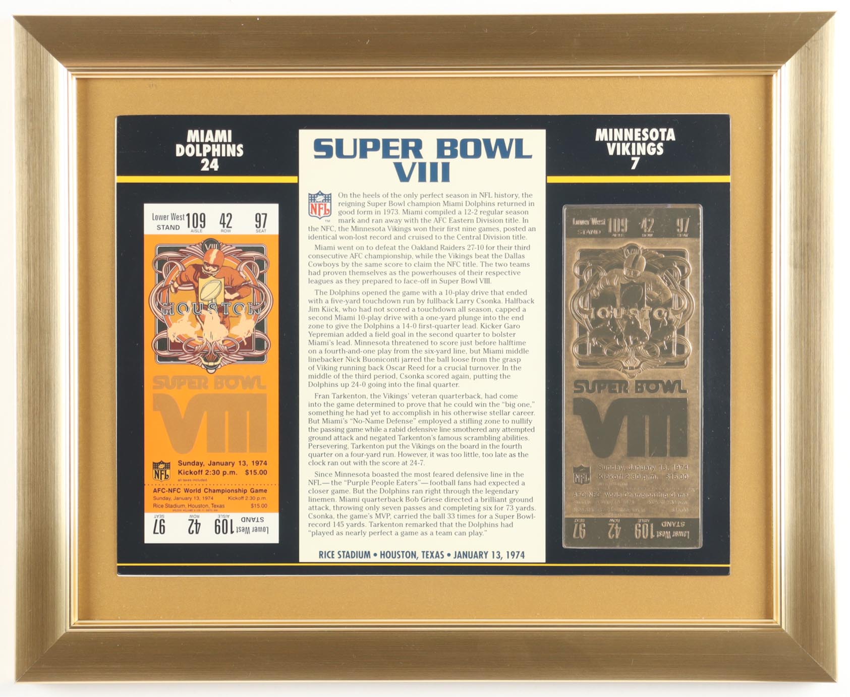 Super Bowl VIII Commemorative Score Card with 23KT Gold Ticket Framed Display at PristineAuction.com Super Bowl VIII Commemorative Score Card with 23KT Gold Ticket Framed Display at PristineAuction.com