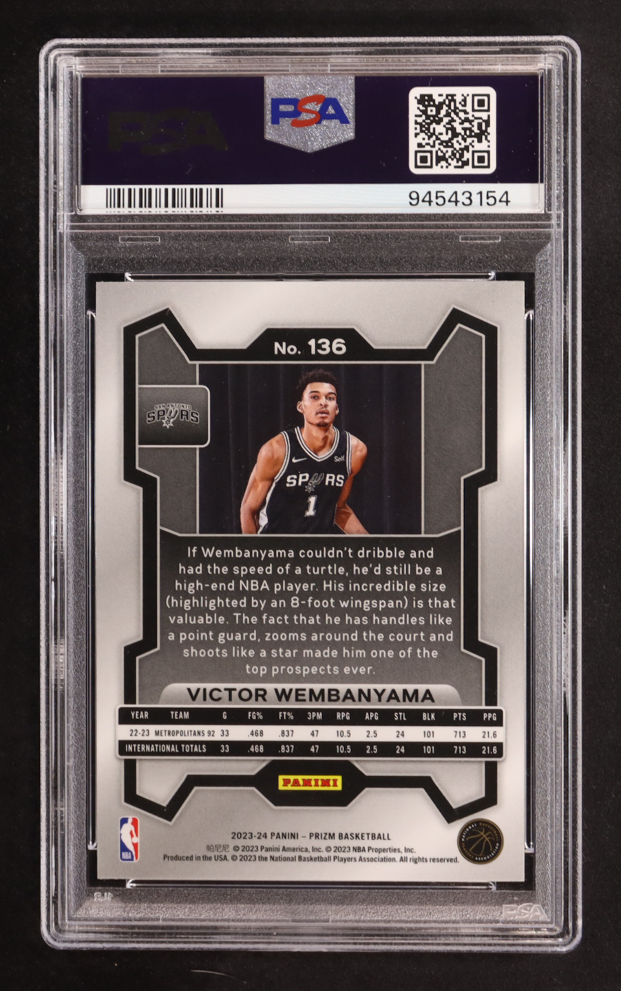 Victor Wembanyama 2023-24 Panini Prizm #136 RC (PSA 9) at PristineAuction.com Victor Wembanyama 2023-24 Panini Prizm #136 RC (PSA 9) at PristineAuction.com