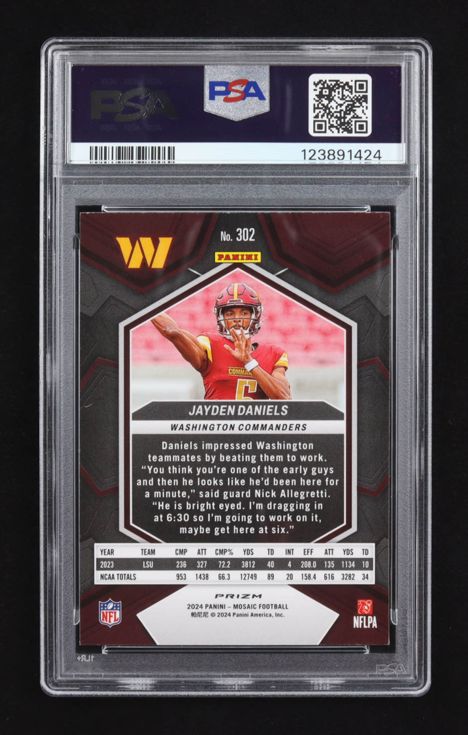 Jayden Daniels 2024 Panini Mosaic Mosaic Reactive Blue #302 RC (PSA 9) at PristineAuction.com Jayden Daniels 2024 Panini Mosaic Mosaic Reactive Blue #302 RC (PSA 9) at PristineAuction.com