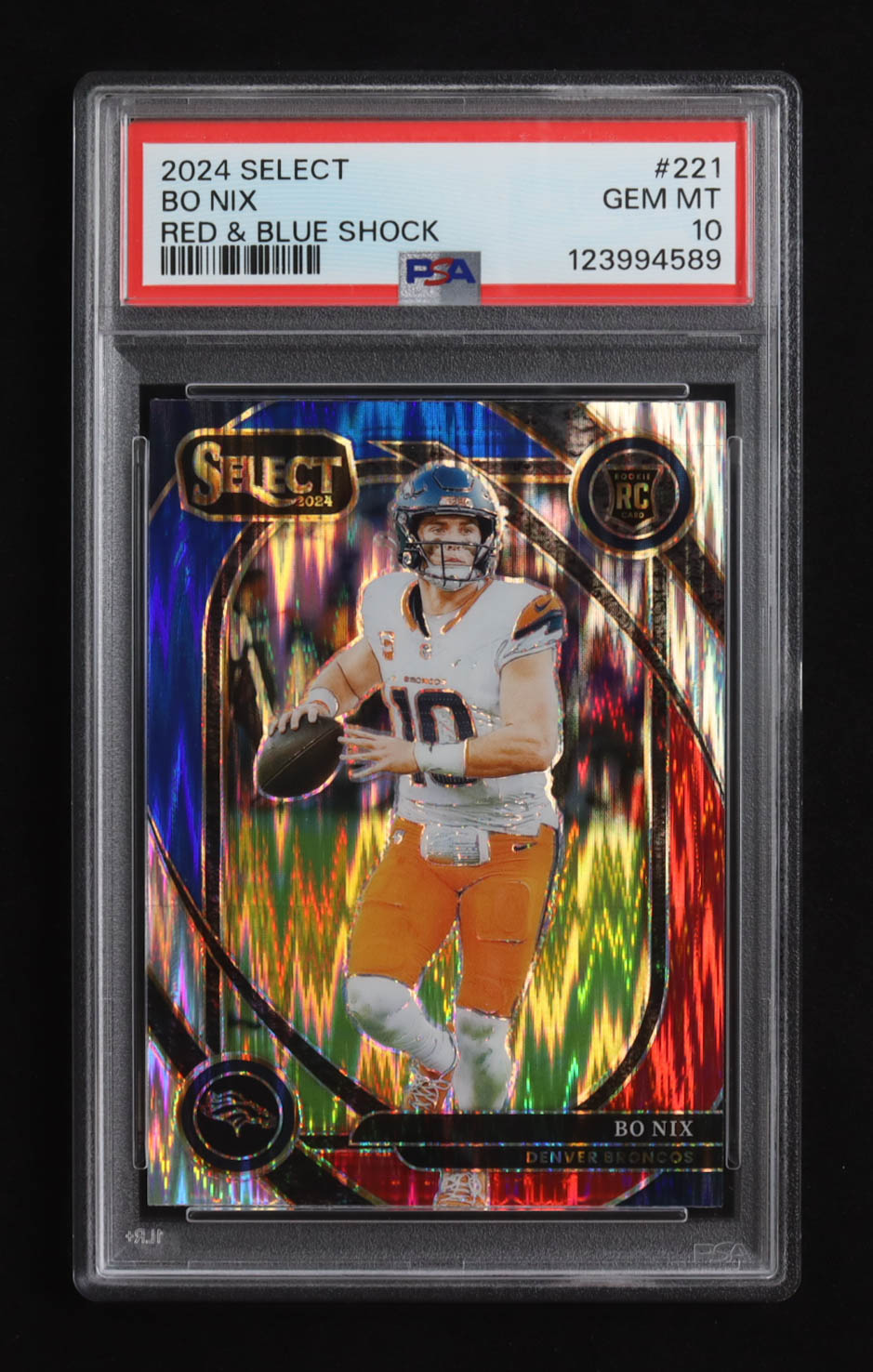 Bo Nix 2024 Select Prizm Red and Blue Shock #221 RC (PSA 10) at PristineAuction.com Bo Nix 2024 Select Prizm Red and Blue Shock #221 RC (PSA 10) at PristineAuction.com