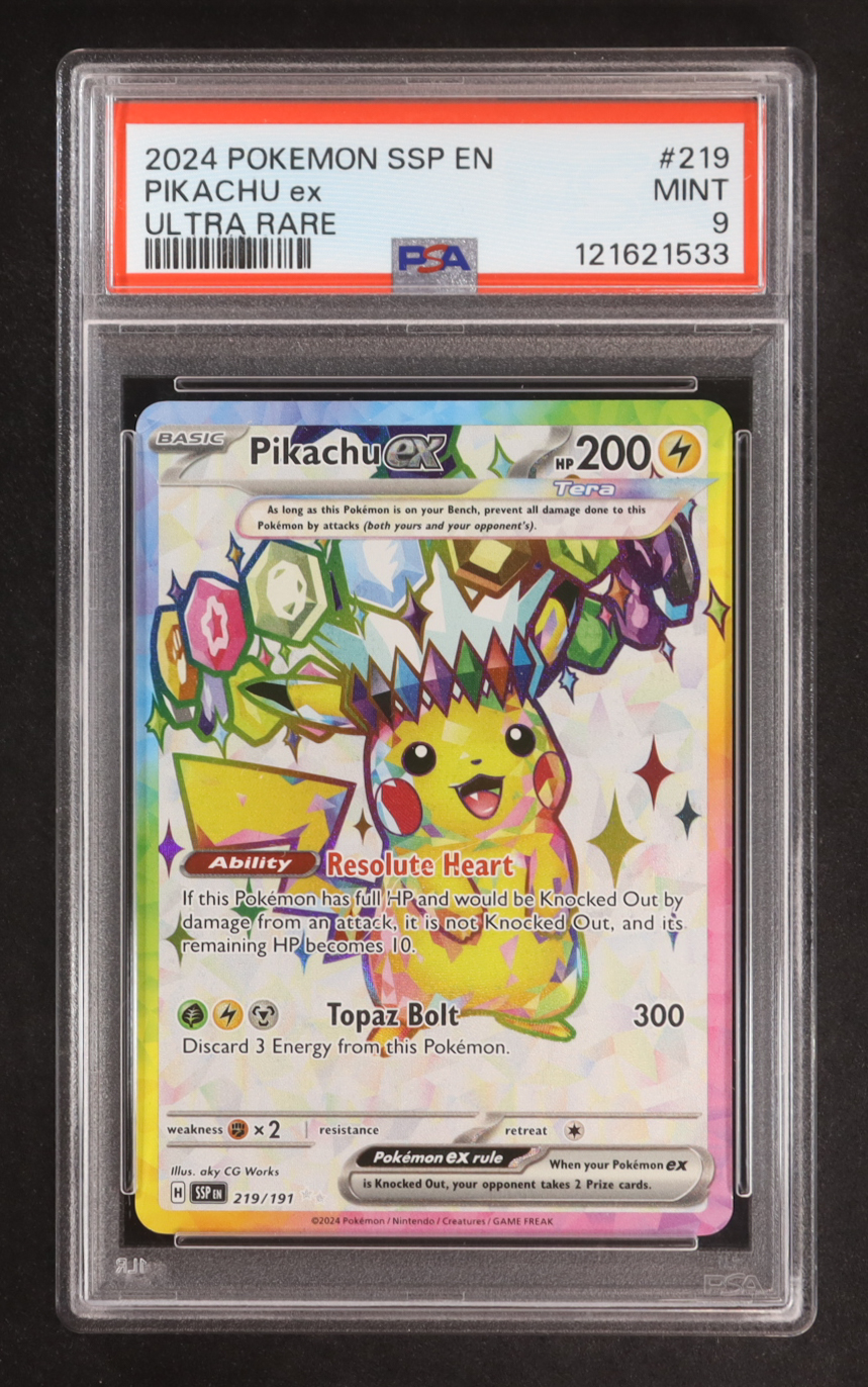 Pikachu ex 2024 Pokemon Scarlet and Violet Surging Sparks #219 (PSA 9) at PristineAuction.com Pikachu ex 2024 Pokemon Scarlet and Violet Surging Sparks #219 (PSA 9) at PristineAuction.com