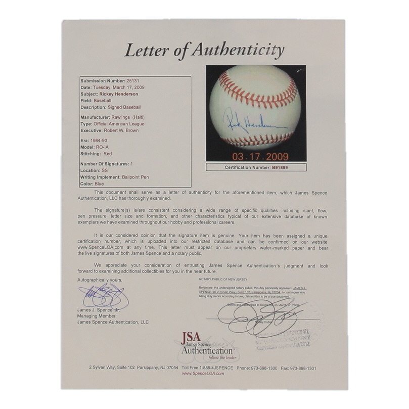 Rickey Henderson Signed OAL Baseball (JSA) at PristineAuction.com Rickey Henderson Signed OAL Baseball (JSA) at PristineAuction.com