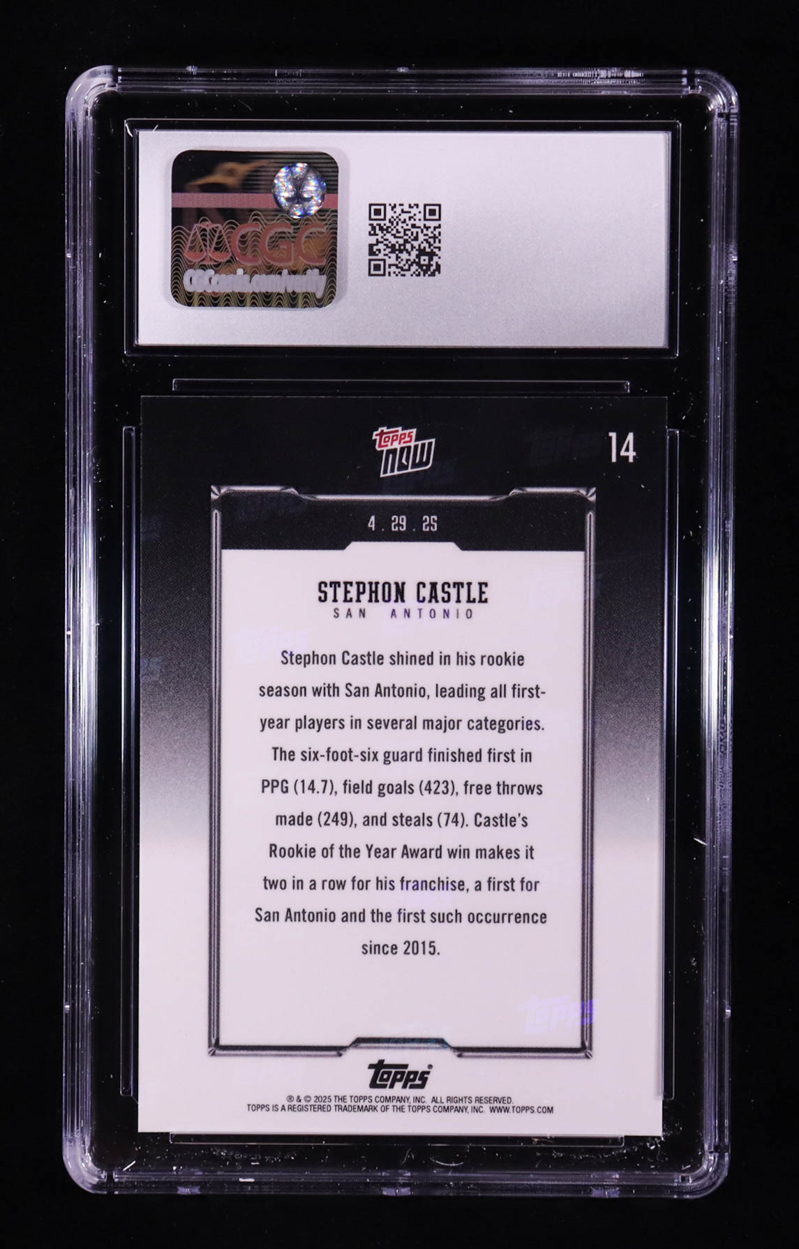 Stephon Castle 2024-25 Topps Now #14 Rookie of the Year RC (CGC 9.5) at PristineAuction.com Stephon Castle 2024-25 Topps Now #14 Rookie of the Year RC (CGC 9.5) at PristineAuction.com