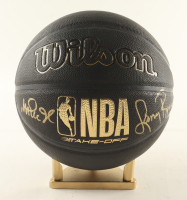 Magic Johnson & Larry Bird Signed NBA Basketball with Display Stand (PSA & Beckett) at PristineAuction.com