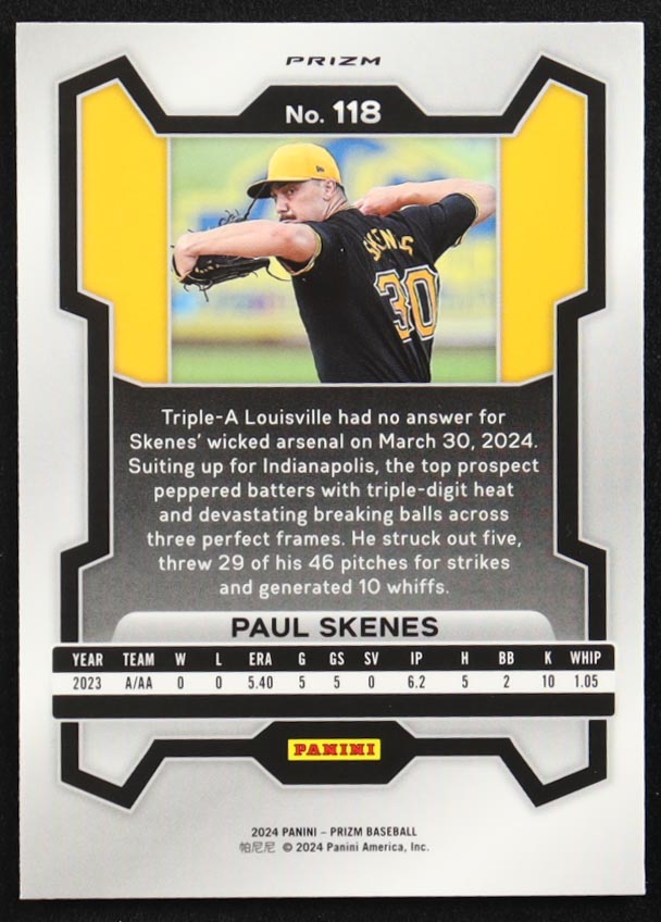 Paul Skenes 2024 Panini Prizm Prizms Silver #118 RC at PristineAuction.com Paul Skenes 2024 Panini Prizm Prizms Silver #118 RC at PristineAuction.com