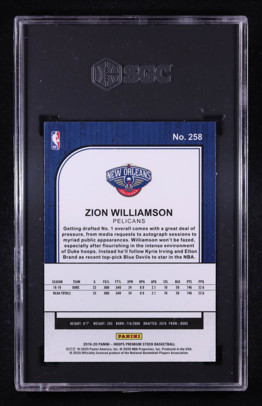 Zion Williamson 2019 Panini Hoops Premium Stock #258 RC (SGC 10) at PristineAuction.com Zion Williamson 2019 Panini Hoops Premium Stock #258 RC (SGC 10) at PristineAuction.com