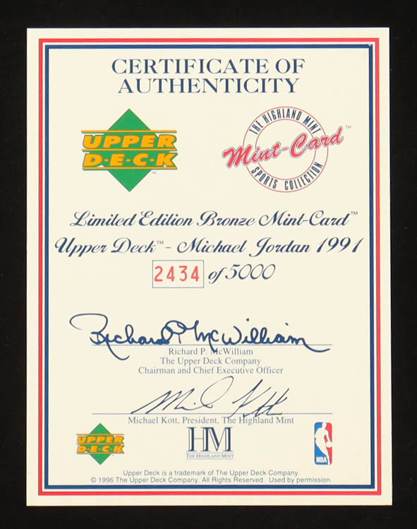 Michael Jordan 1996 Upper Deck & The Highland Mint Bronze Mint-Card #2434/5000 with Display Case at PristineAuction.com Michael Jordan 1996 Upper Deck & The Highland Mint Bronze Mint-Card #2434/5000 with Display Case at PristineAuction.com