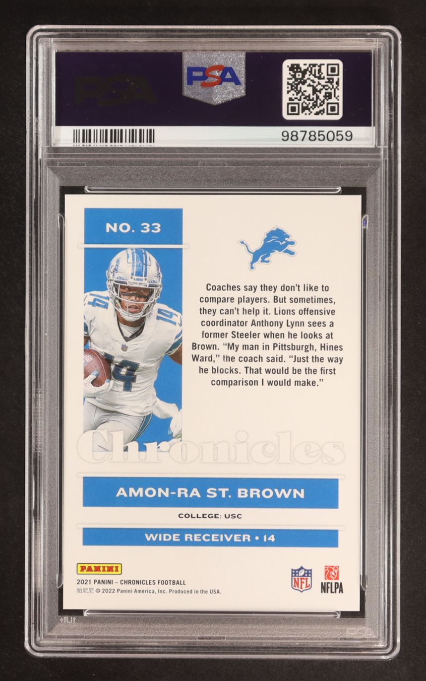Amon-Ra St. Brown 2021 Panini Chronicles #33 RC (PSA 10) at PristineAuction.com Amon-Ra St. Brown 2021 Panini Chronicles #33 RC (PSA 10) at PristineAuction.com