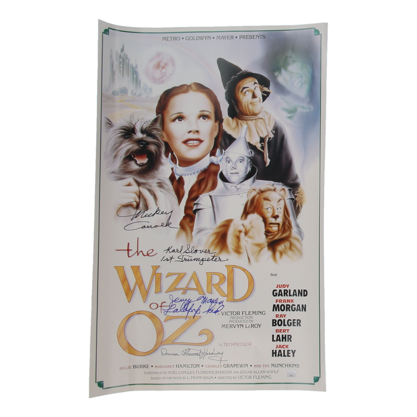 "The Wizard of Oz" 16x24 Poster Cast-Signed by (4) with Mickey Carroll, Jerry Maren, Karl Slover, & Donna Stewart Hardway with Inscriptions (JSA) at PristineAuction.com "The Wizard of Oz" 16x24 Poster Cast-Signed by (4) with Mickey Carroll, Jerry Maren, Karl Slover, & Donna Stewart Hardway with Inscriptions (JSA) at PristineAuction.com