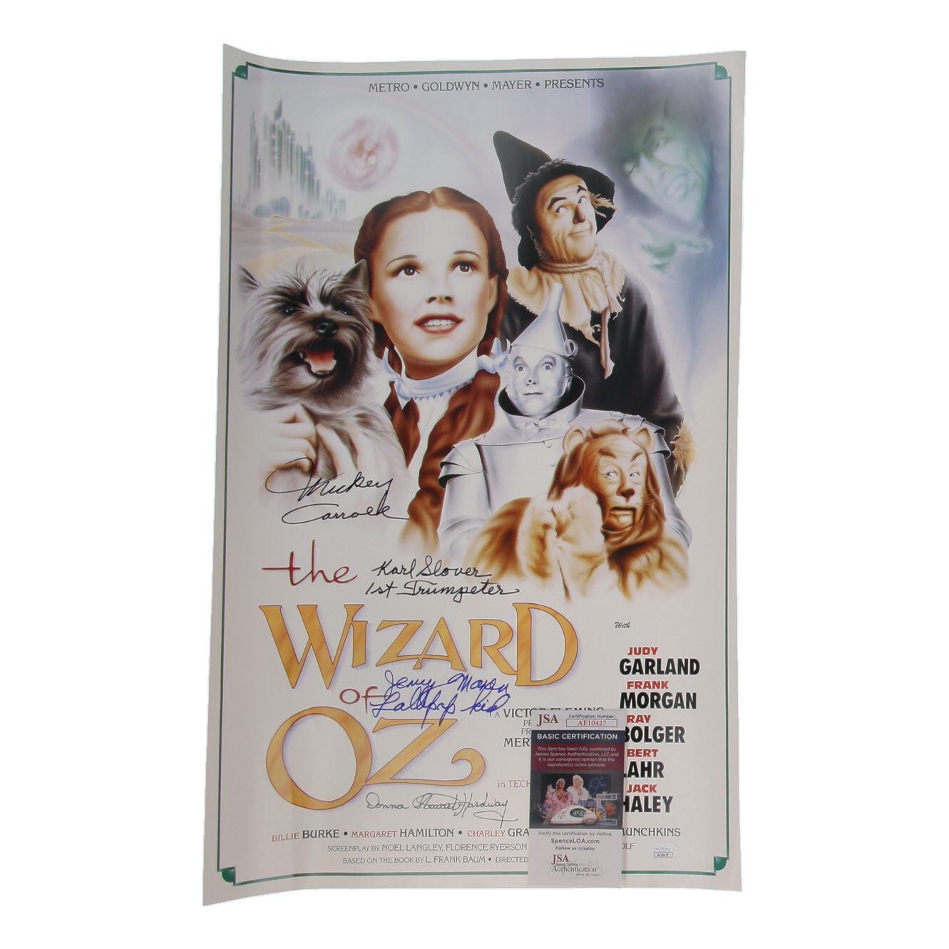 "The Wizard of Oz" 16x24 Poster Cast-Signed by (4) with Mickey Carroll, Jerry Maren, Karl Slover, & Donna Stewart Hardway with Inscriptions (JSA) at PristineAuction.com "The Wizard of Oz" 16x24 Poster Cast-Signed by (4) with Mickey Carroll, Jerry Maren, Karl Slover, & Donna Stewart Hardway with Inscriptions (JSA) at PristineAuction.com
