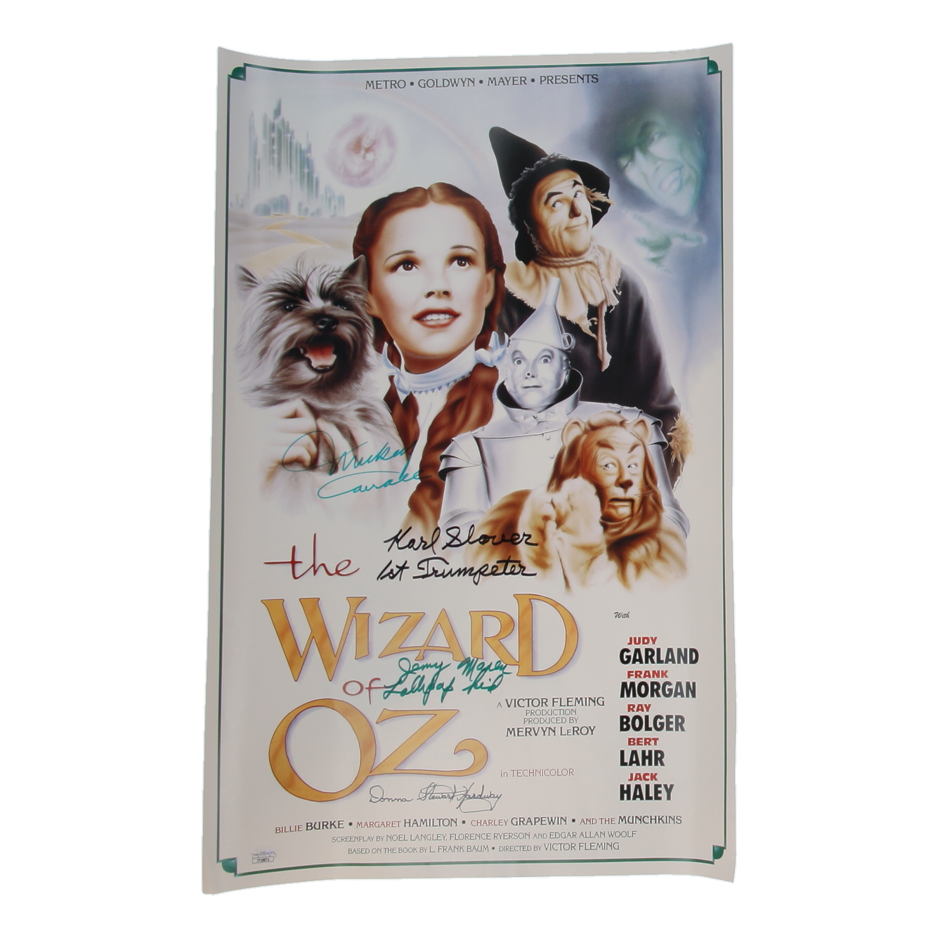 "The Wizard of Oz" 16x24 Poster Cast-Signed by (4) with Mickey Carroll, Jerry Maren, Karl Slover, & Donna Stewart Hardway with Inscriptions (JSA) at PristineAuction.com "The Wizard of Oz" 16x24 Poster Cast-Signed by (4) with Mickey Carroll, Jerry Maren, Karl Slover, & Donna Stewart Hardway with Inscriptions (JSA) at PristineAuction.com